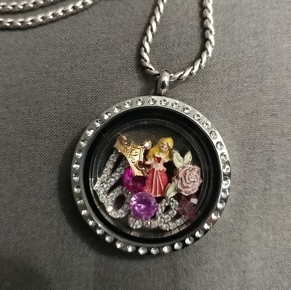 Origami Owl Disney Aurora Sleeping Beauty Locket Necklace Charms Crystals Set - Picture 3 of 16